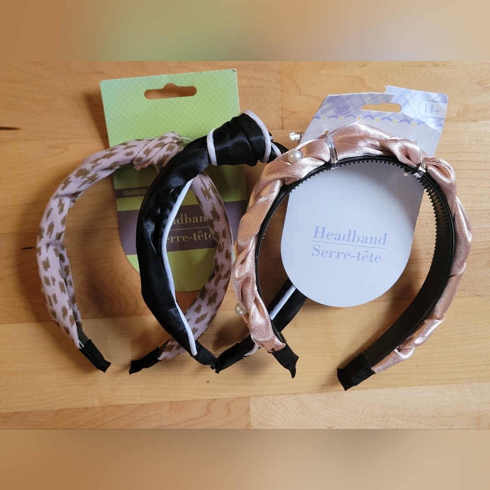 Multicolor Women's Headbands with Beaded, Bow, and Pearl Accents Lot of 3